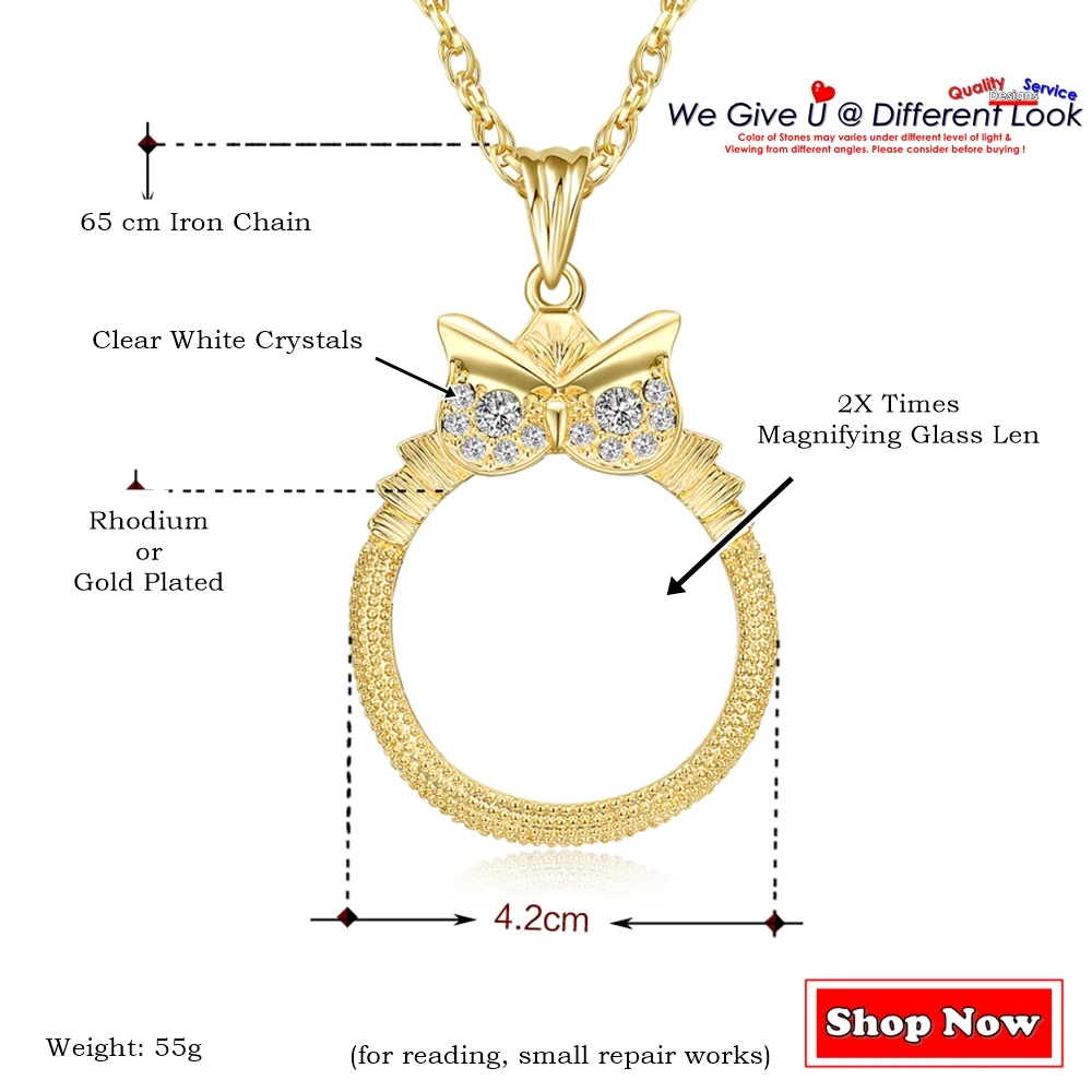 DreamCarnival1989 Women Sweater Necklace 40mm Glass Len Magnifier for Reading 65cm Long Chain Crystal Eyes Owl Jewel Gift P-0016