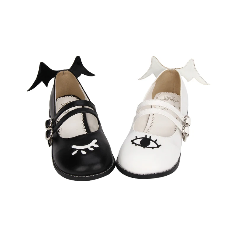 

Lolita cool Kawaii wings eye pattern shoes women Round Head Women Shoes Low help Anime Lolita cos Loli shoes Lolita