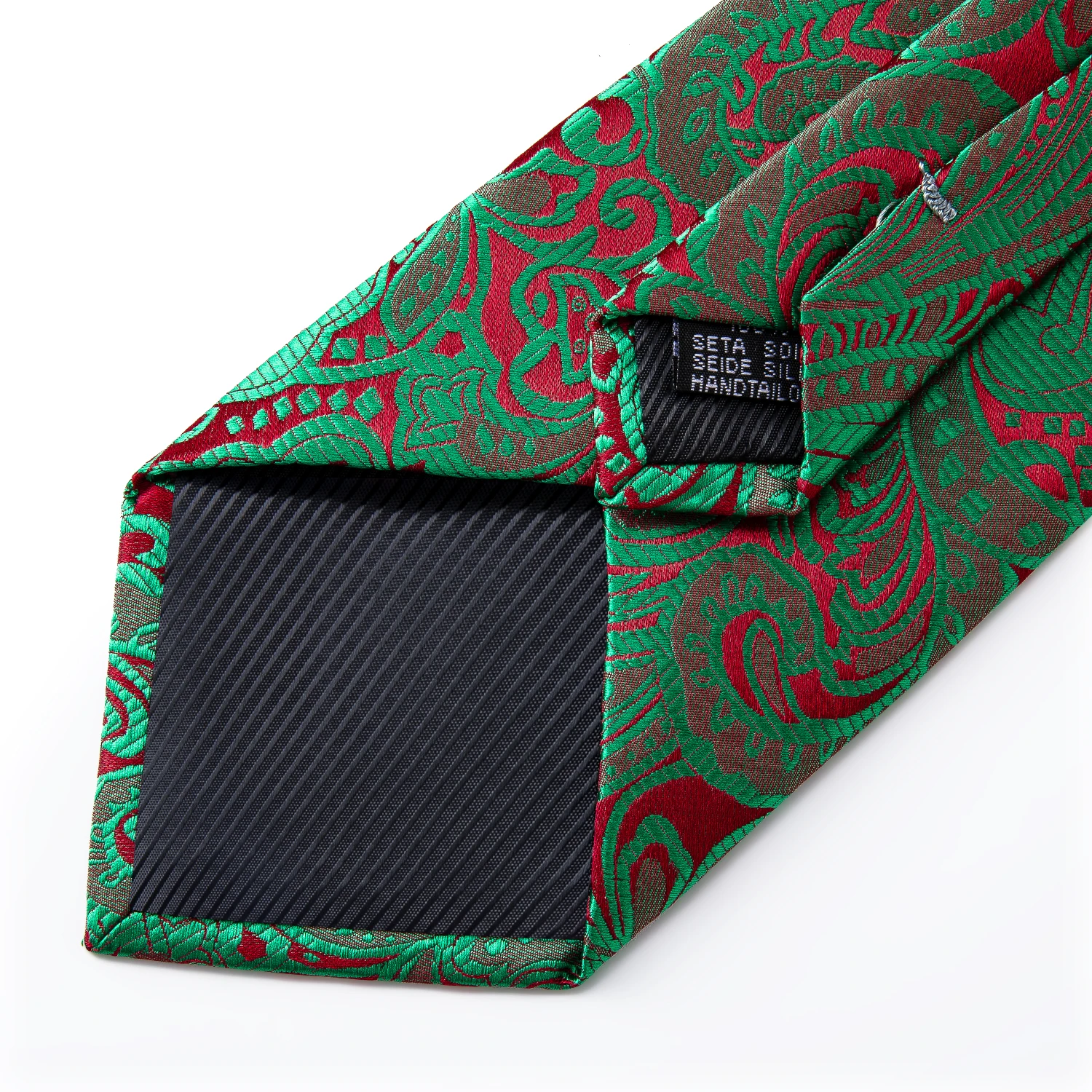 100% Silk Jacquard Woven Green Red Paisely Floral Men Tie Luxury 8cm Business Wedding Party Necktie Set Hanky Tie Ring DiBanGu