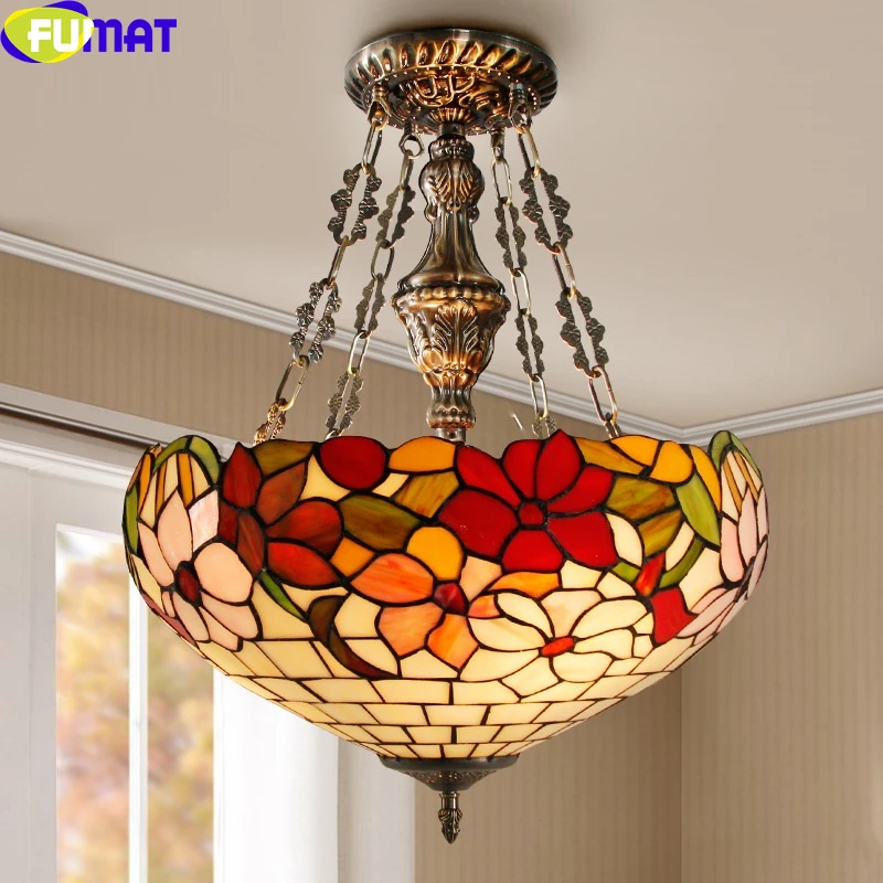 

FUMAT Camellia Pendant Lamp Anti Chandeliers Tiffany Pastoralism Style Art Decor Stained Glass Remote Control Dimming LED Light