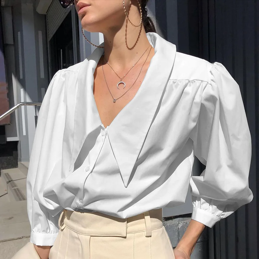 Women Elegant Lapel Puff Sleeve Shirt Spring Summer Design French style Blouses Office Lady High Quality Loose Blouse Tops Tunic