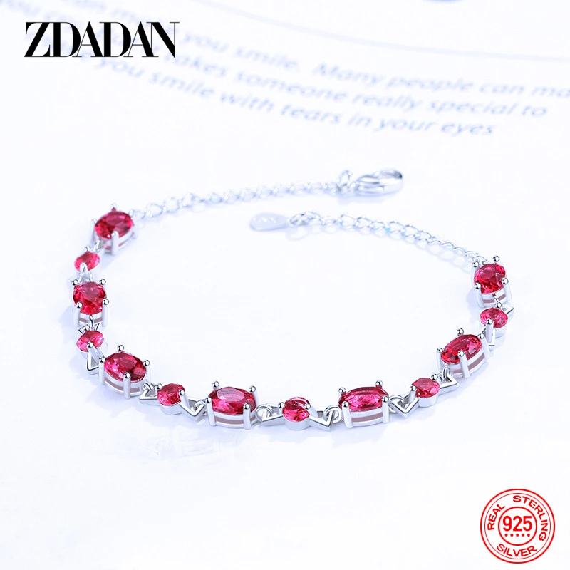 ZDADAN 925 Sterling Silver Fashion Oval Ruby Bracelet Chain For Women Wedding Jewelry Party Gift