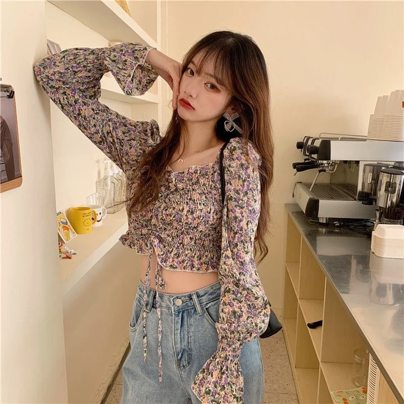 Spring Floral Blouses Women Shirring Sexy Slash Neck Crop Tops Long Sleeve Slim Purple Chiffon Blouse Mujer Sweet Friends Fungus