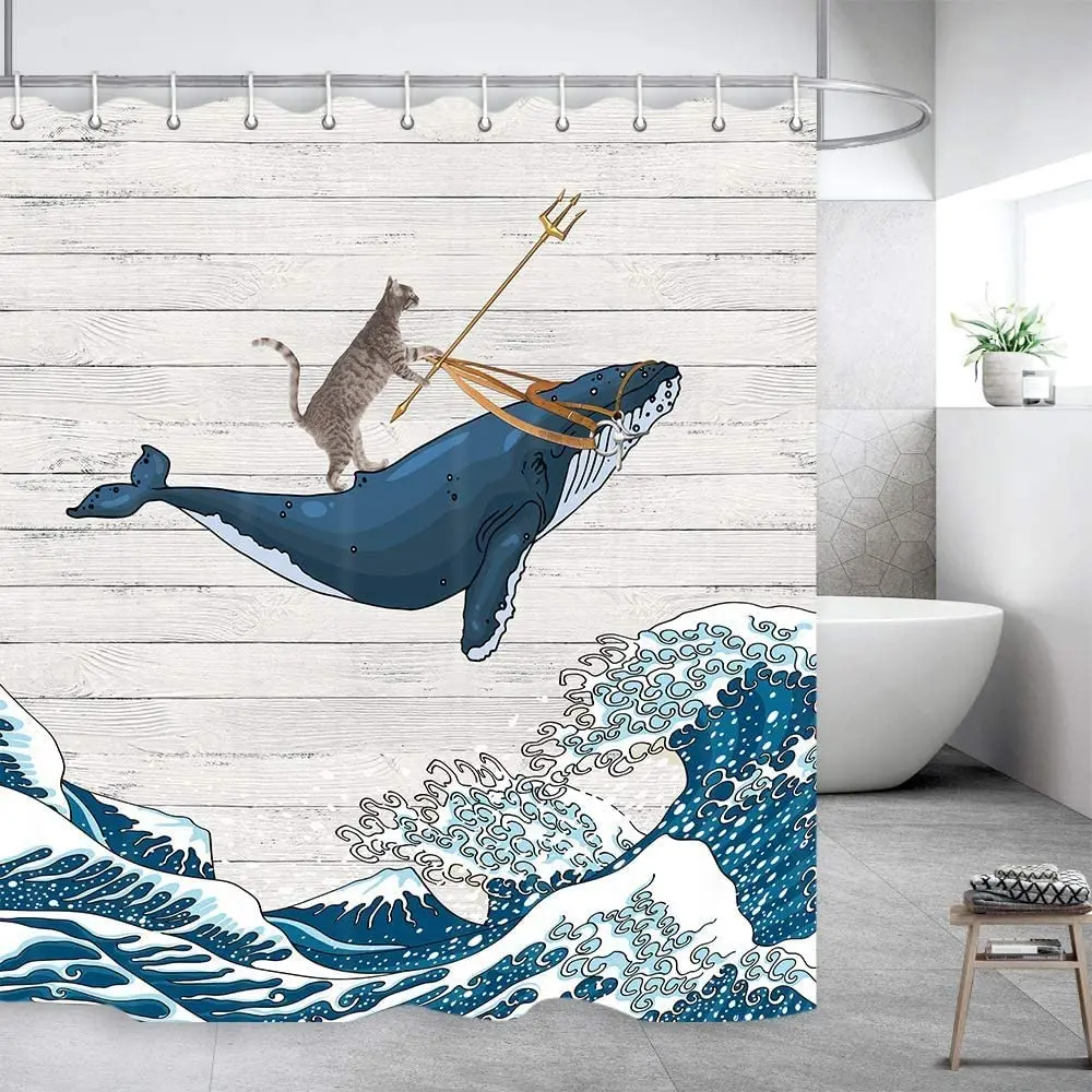 Funny Cat Riding Whale in Ocean Wave on Vintage Wooden Bathroom Curtains Vintage Kanagawa Japanese Wave Art