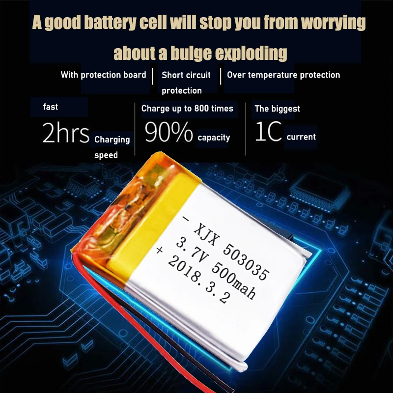 Batteria ricaricabile ai polimeri di litio 3.7 503035 mah delle cellule 500 V Lipo per l'e-book della lampada del DVD LED della cuffia avricolare di bluetooth di MP3 MP4 GPS