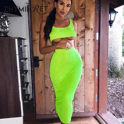 ZHYMIHRET 2023 Summer Neon Color Two Pieces Set Dress Women Sexy Ribbed Crop Top And High Waist Long Vestidos Two Piece Outfits