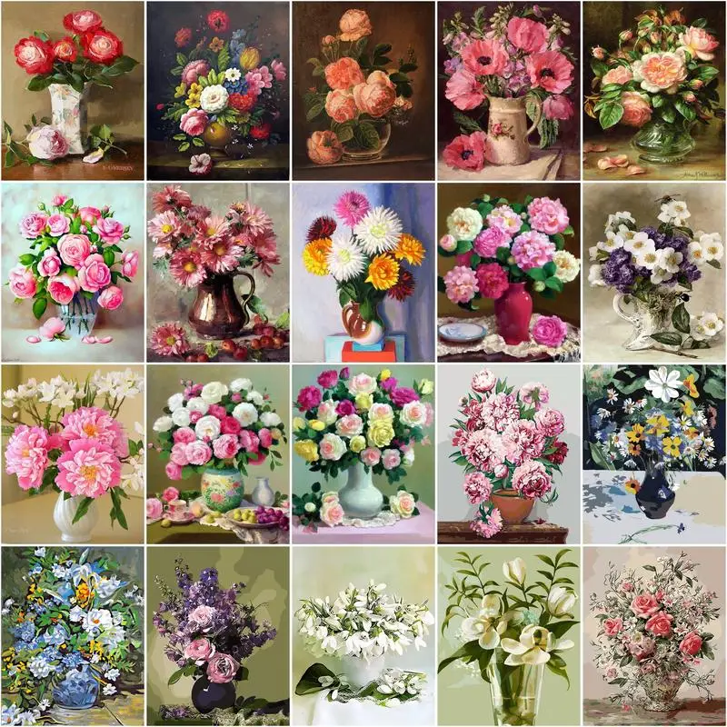 CHENISTORY Coloring By Number Peony Flower Kits Home Decoration Pictures Painting By Number Flower In Vase Handpainted Art Gift