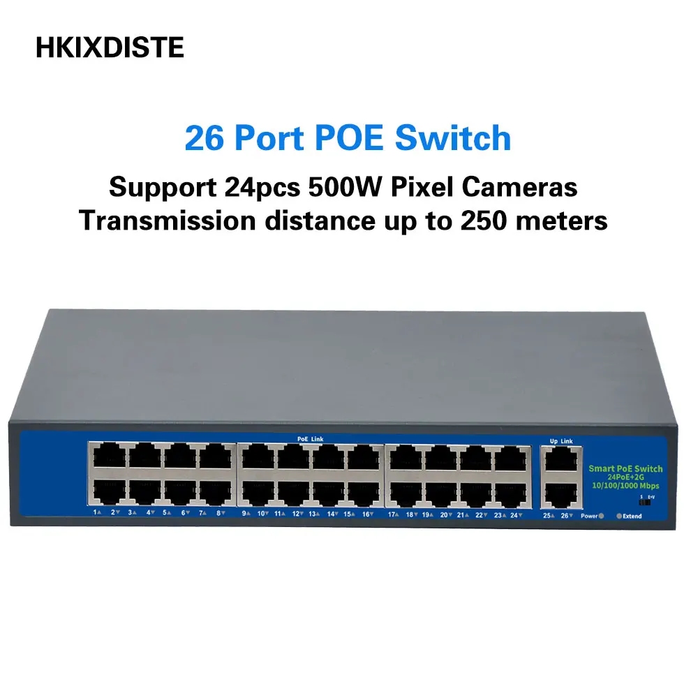 24 Ports POE Switch + 2 Ports Gigabit Fast Ethernet Network Switch IP Cameras Powered POE Adapter for Indoor IP CAM LAN Repeate