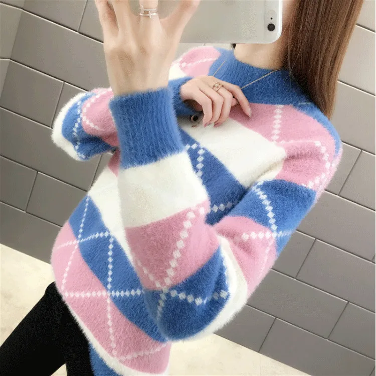 Sweater beludru tebal Mink hangat, Sweater Atasan Wanita leher Turtleneck setengah musim gugur dan dingin, Sweater Pullover Korea longgar