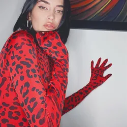 Costume de tambour maigre à manches longues à col roulé imprimé léopard rouge vintage avec des gants, tenue de fête sexy, haut de corps, automne