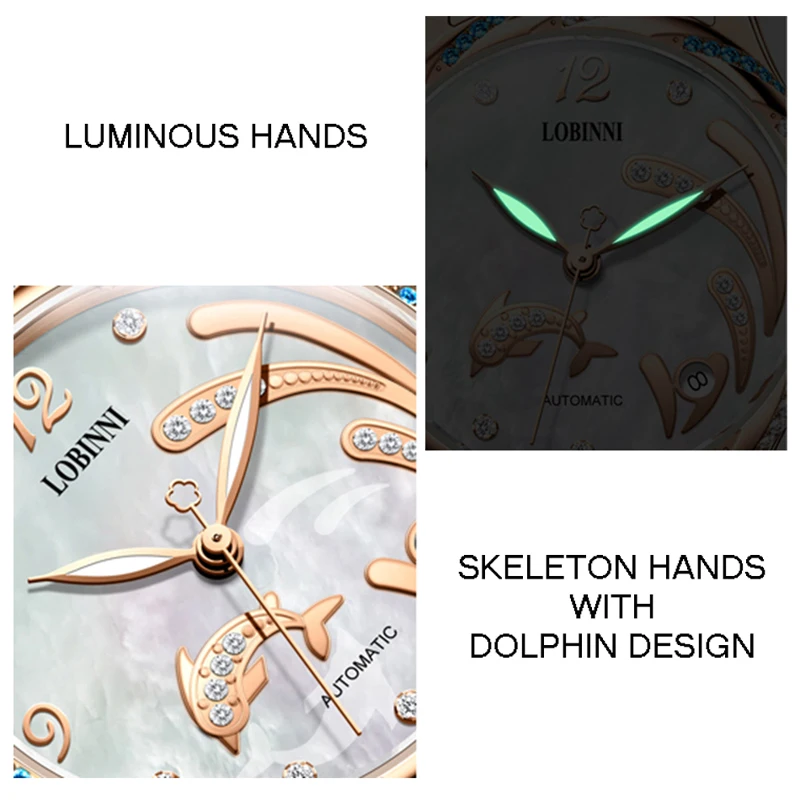 LOBINNI 2021, лучший бренд, роскошные женские автоматические механические часы, корпус из розового золота, браслет с бриллиантовым циферблатом, женские часы, часы с датой