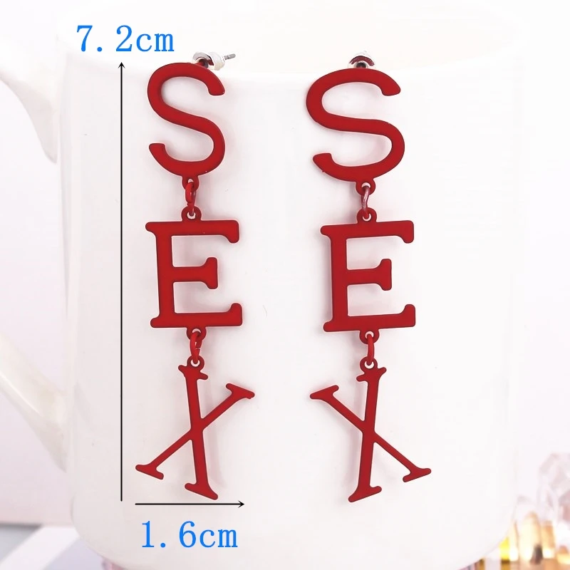 موضة جديدة الإنجليزية رسالة الجنس انخفاض القرط الطويل أسود أخضر أحمر اللون رذاذ معدني مبالغ فيه مجوهرات الحفلات هدية قطرة الشحن #5