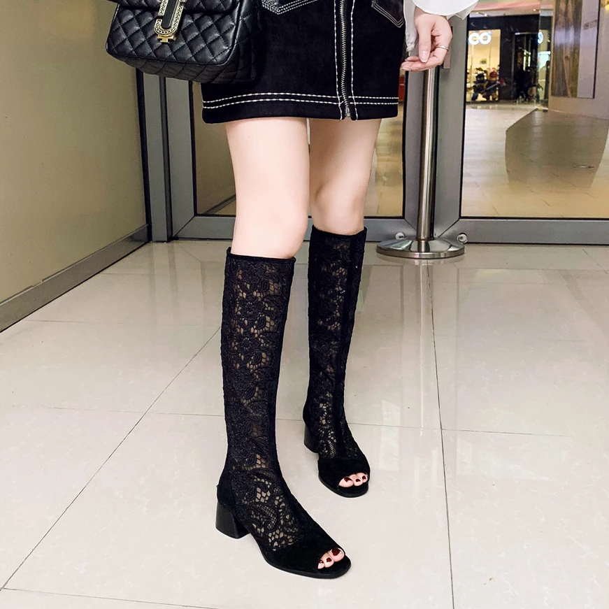 Fashion Peep Toe Knee High Boots Women Lace Mesh High Heels Autumn Shoes Woman Gladiator Sandals Sexy Lady Leisure Long Boots 33