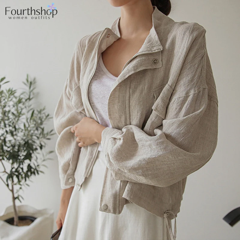 Chaqueta fina para mujer, abrigo elegante coreano, Blusa de algodón y lino, ropa de calle informal holgada, Tops Vintage con bolsillo, Otoño, 2020