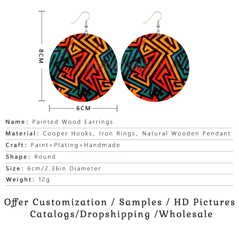 SOMESOOR 2020 Creative Design Fashion Africa Jewelry Bohemian Wooden Both Printing Round Pendants Black Earrings For Women Gifts