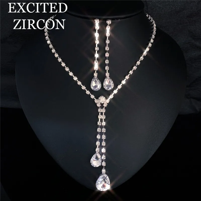 EXCITED ZIRCON Long Newest Full Crystal Chain Water Drop Necklaces & Pendants Dangle Earrings Wedding Bridal Party Jewelry Sets