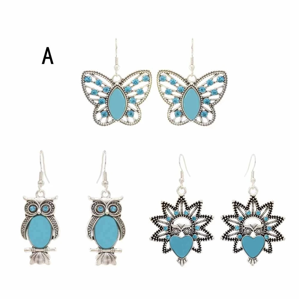 3Pairs/Set Butterfly Owl Heart Pendant Necklaces for Women Boho Tibetan Silver Color Turquoises Blue Stone Earring Ethnic Gift