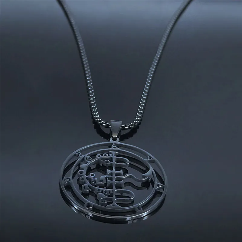 Sigeal Sigil De Lucifer Stainless Steel Satan Necklace Asmoday Lazer Key Baphomet Stamp Black Color Necklace Jewelry N7161S03