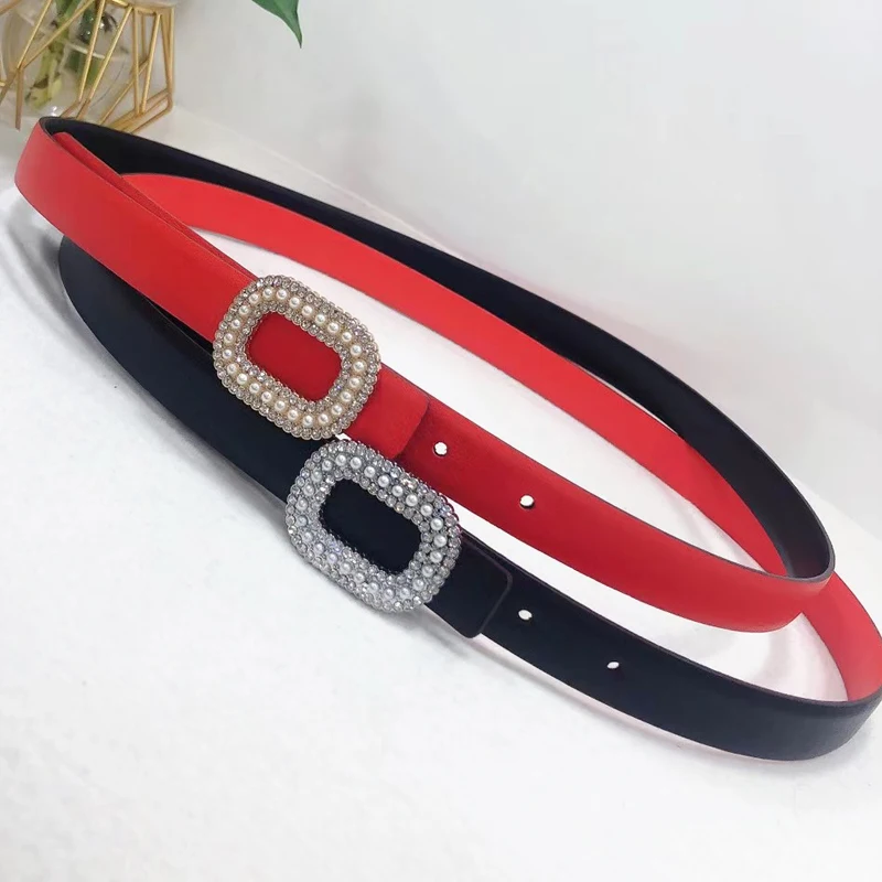 Fashion Rhinestone Pearl square buckle fine leather belt leather decorative dress belt Jeans Belt