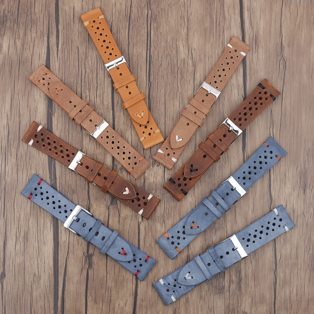Oil Wax Leather Watch Strap 18mm 19mm 20mm 21mm 22mm 24mm Porous Breathable Handmade Stitching Watchband for Watch Accessories