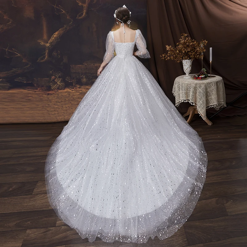 AnXin SH princess sparkly lace white vintage sweetheart silvery star sequin flare sleeve bride red customized wedding dress