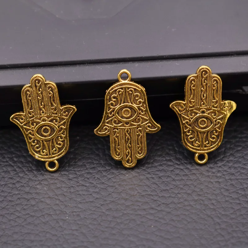 10pcs / lots Charms Hamsa Palm Fatima Hand Protection 28x19mm Antique Gold Color Pendants Making DIY Metal Handicraft Finding