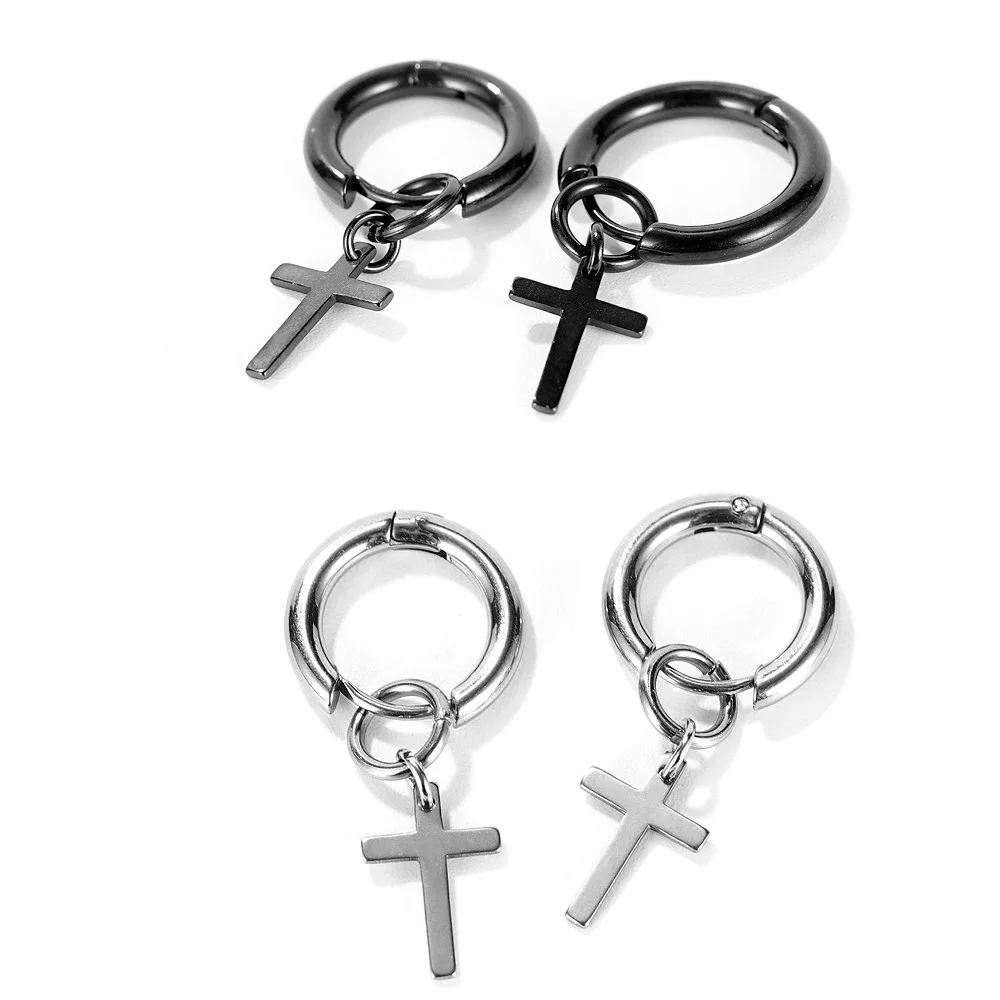 

Punk Hoop Earrings for Men Women Stainless Steel Black Color Cross Pendant Circle Ear Jewelry Gift