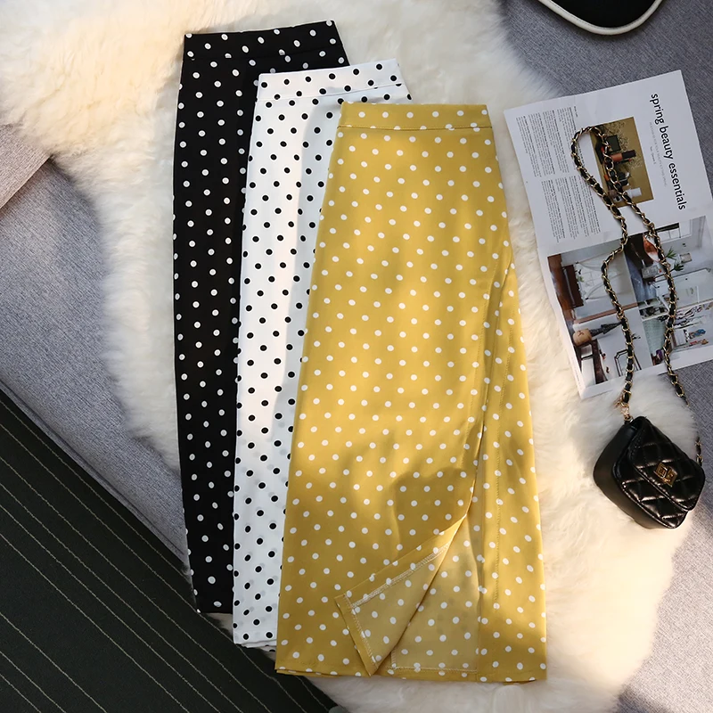 

2021 summer vintage polka dot chiffon skirt women high waist mid calf split a-line skirt