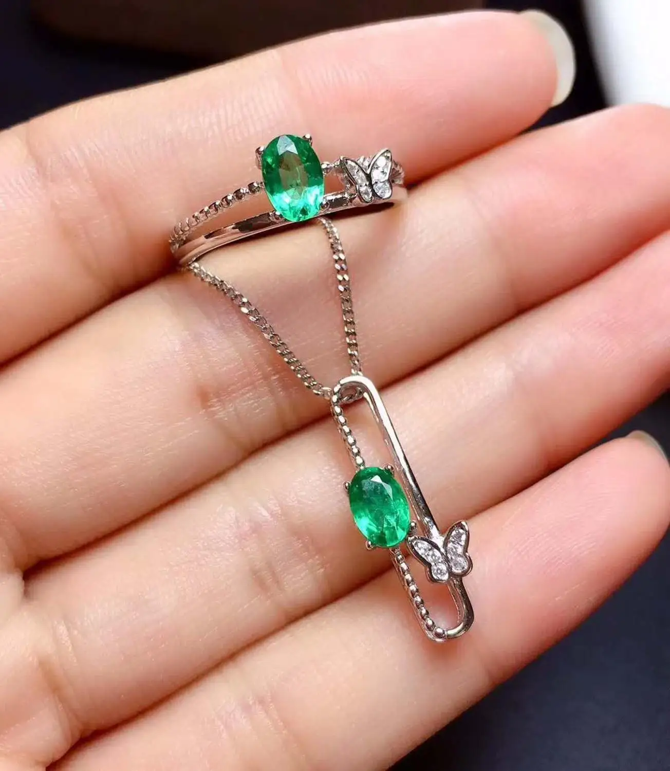 

Real Natural Emerald jewelry set Natural Real Emerald 925 sterling silver 1pc pendant,1pc ring