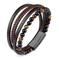 High Quality Genuine Leather Men Bracelets Natural StoneTiger Eye Beads Multilayer Leather Bracelets For Man Jewelry