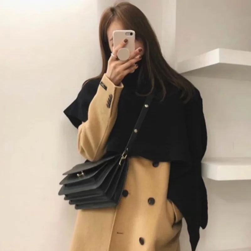 LANMREM 2024 Winter New Women Loose All-match Solid Color Irregular Cloak High Collar Sweater Female Casual Fashion 2W675