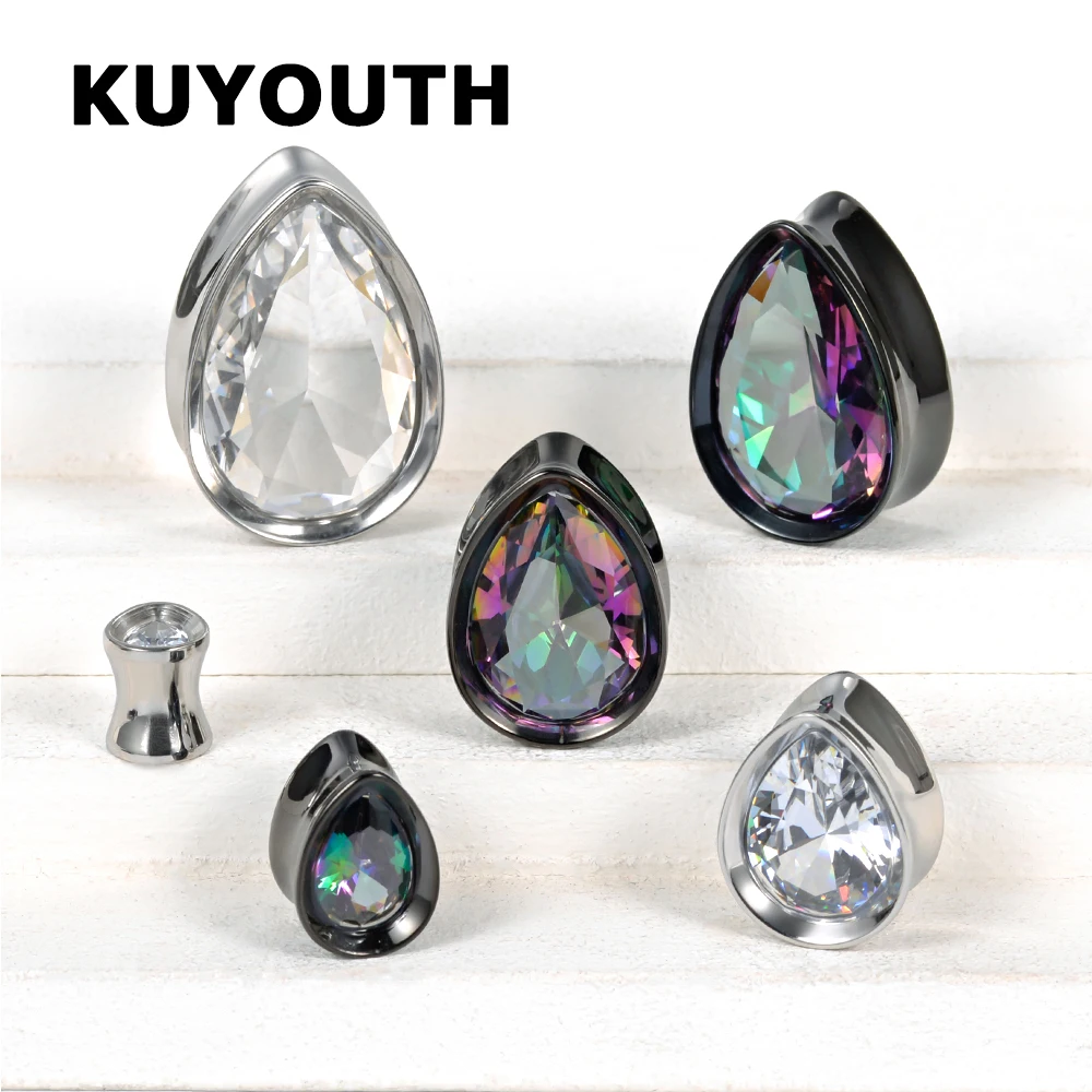 KUYOUTH High Quality Stainless Steel Water Drop Zircon Ear Piercing Tunnels Expanders Body Jewelry Earring Plugs Stretchers 2PCS