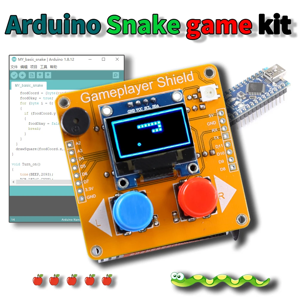 For Arduino diy kit,Snake game,Easy to program game console,Nano Board ATmega328P,IIC Serial 128X64 OLED Display