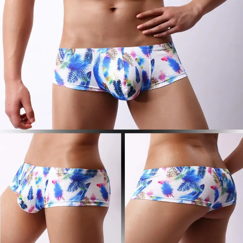 Male Panties Breathable Boxers Ice Silk Men Underwear U Convex Pouch Sexy Underpants Printed Leaves Homewear Shorts