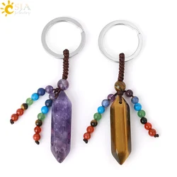 CSJA Natural Stone Pendant Keychain Healing 7 Chakras Hexagonal Bullet Crystals Handmade Keyring Holder for Car Backpack G899