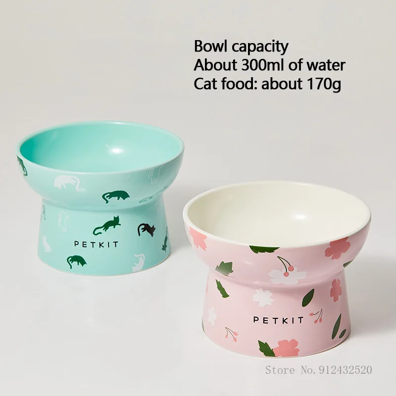 Ceramic bowl for cat and dog, oblique mouth high bowl, food bowl, protection spine, cartoon pattern, pet supplies