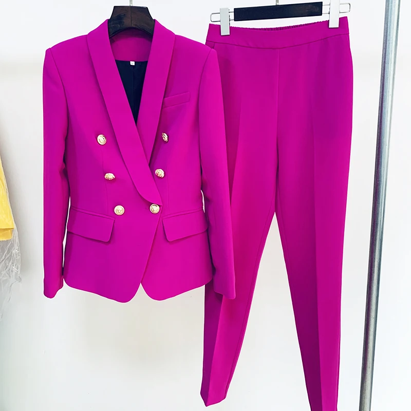 HIGH QUALITY Newest 2024 Designer Suit Set Women\'s Career Slim Fit Double Breasted Lion Buttons Shawl Collar Blazer Pants Suit