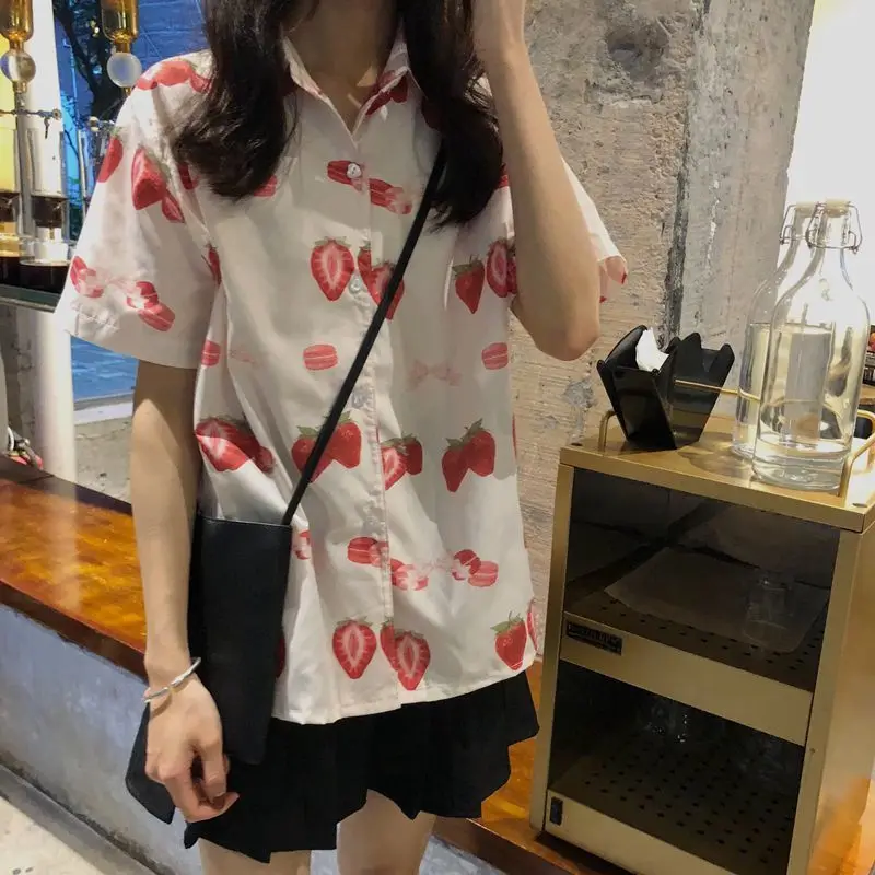 Shirts Women Summer Fashion All-match Strawberry-printed Casual Fit Korean Style Turn-down Collar Female Tops Chic Vintage Cute