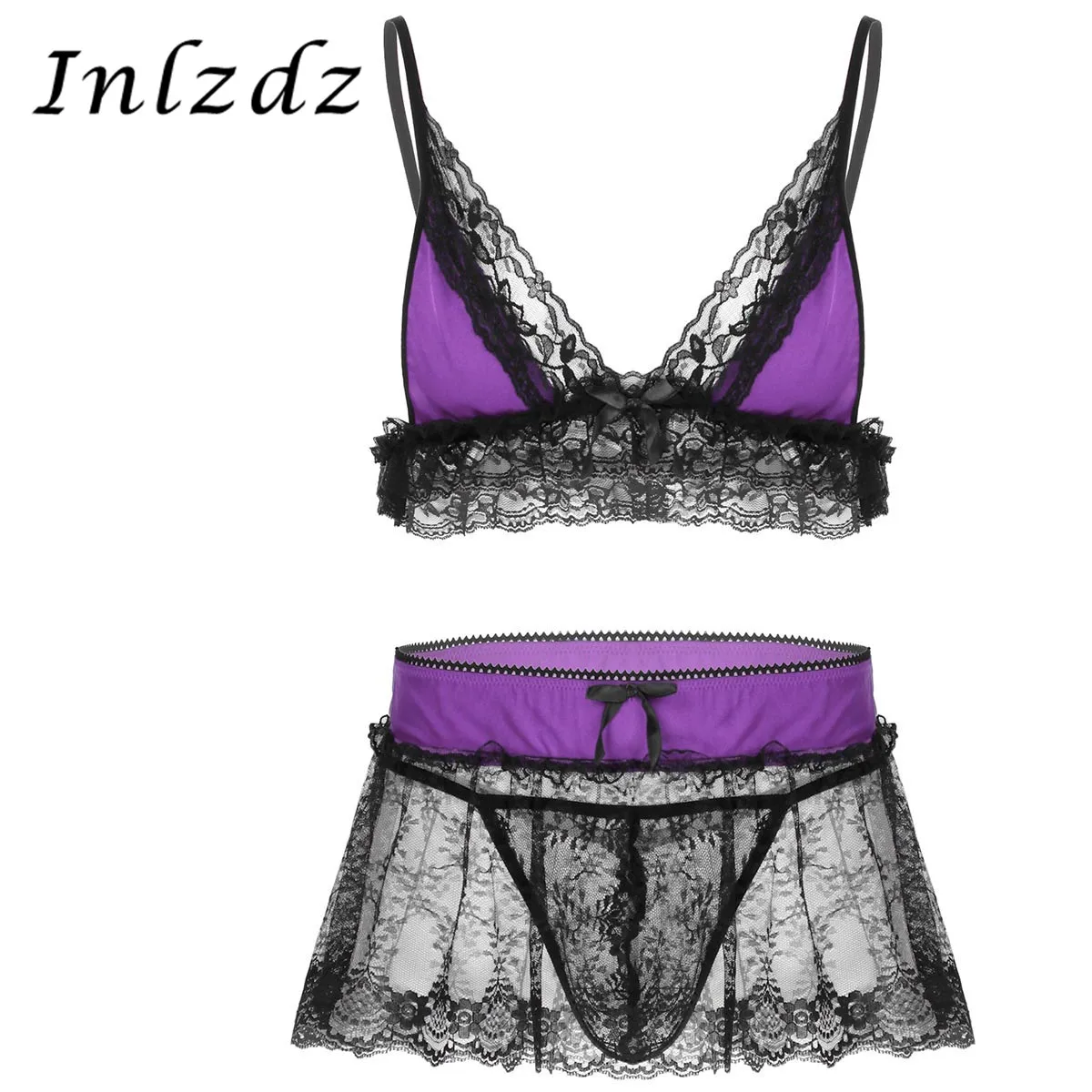 

3Pcs Mens Erotic Lace Lingerie Set Adjustable Spaghetti Shoulder Straps Deep V Neck Bra Top with Mini Skirt and G-string Briefs