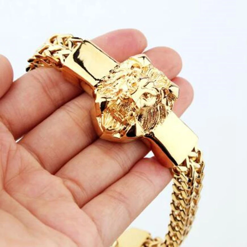 Men's Fashion Charm Domineering Lion Head Bracelet Stainless Steel Gold Franco Chain Luxury Men's Bracelet Birthday Gift