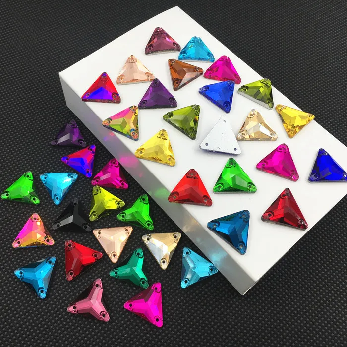 Triangle en cristal de verre à coudre sur strass 12 16 22mm, dos plat avec trou, toutes les couleurs, pierre à coudre pour robe de Costume, artisanat