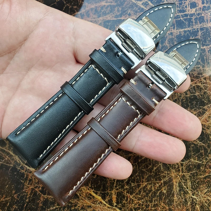 18-24mm Women Men Vintage Smooth Watch Band Strap Dark Brown Genuine Leather Bracelet Metal Butterfly Deployment Clasp Buckle