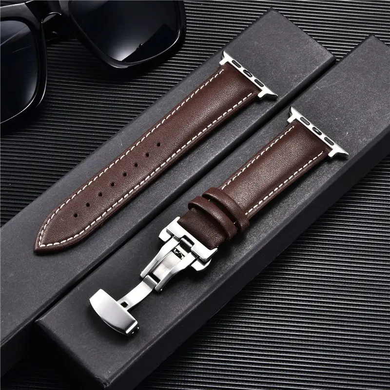 Leder-Uhrenarmbänder für Apple Watch 8, 7, 6, 5, 4, 3, SE, Schmetterlingsverschluss, Ersatz-Armband, 38/40/41 mm, 42/44/45 mm, Band für iwatch – Detail 6