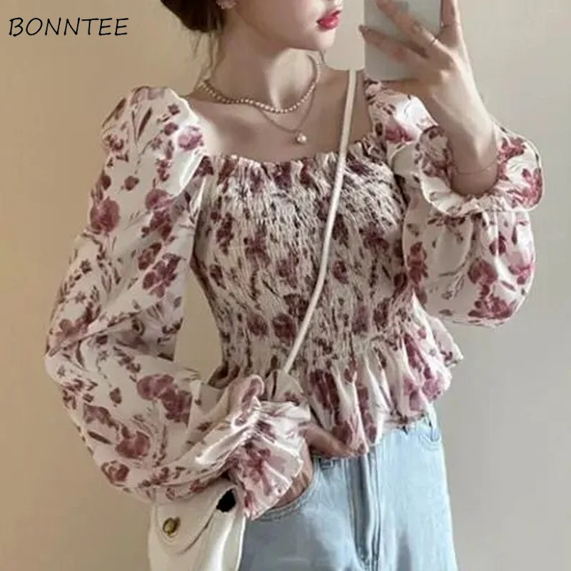 Blouses Women Students Summer Female Cropped Slim High Street Hot Sale Square Collar Colorful 2021 New Elegant Vintage All-match