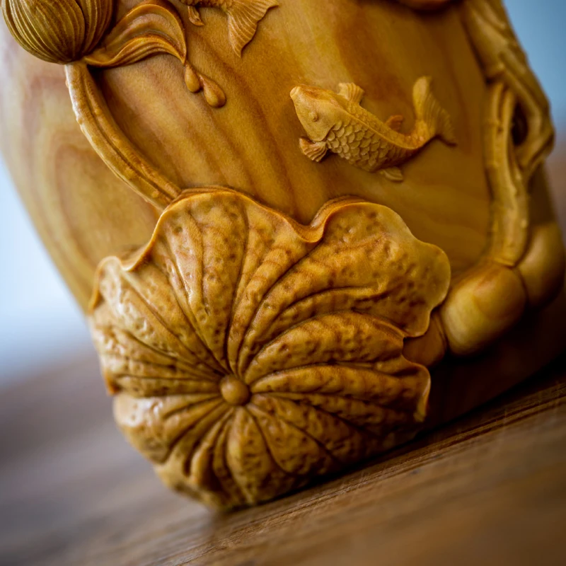 Lotus Pod Vase Feng Shui Wooden Ornament - Exquisite Handcrafted Miniature for Balance and Serenity