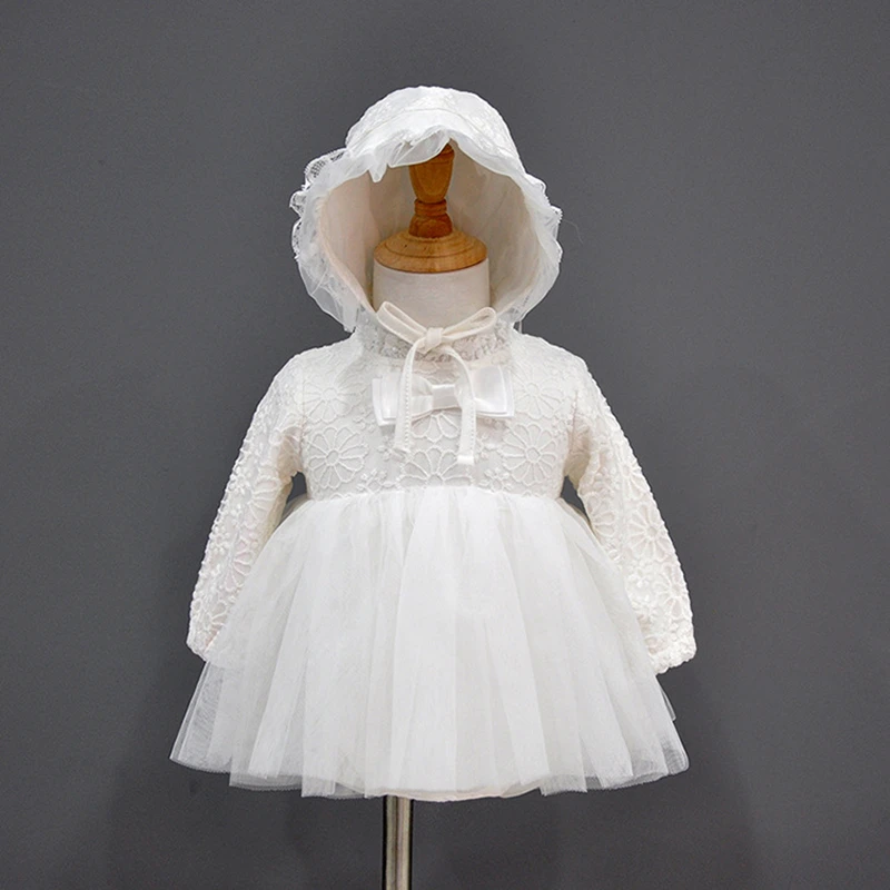 Princess Flowers Newborn Baby Girl Dress Long Sleeve Gauze Lace Party Dress White Girls Dresses + Hats