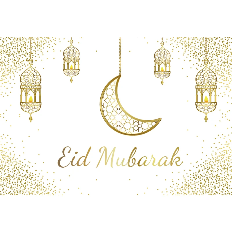 Eid Mubarak Poster Ronde Achtergrond Golden Dots Maan Islamitische Moskee Lampen Ramadan Kareem Interieur Behang Foto Achtergrond