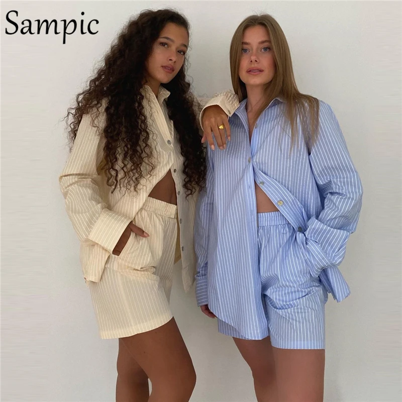 Sampic Loung Wear Tracksuit Women Shorts Set Stripe Long Sleeve Shirt Tops And Waist Loose High Mini Shorts Two Piece Sets 2021