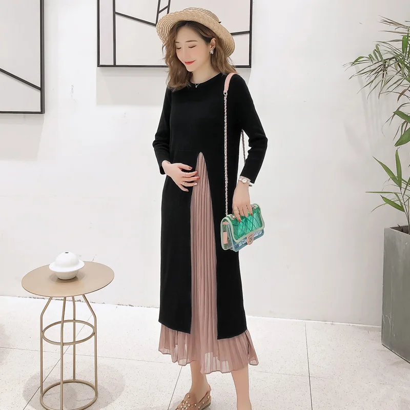 New Autumn Maternity Lactation Dress Long-sleeved Nursing Clothes Chiffon Stitched Postpartum Women Breastfeeding Dress