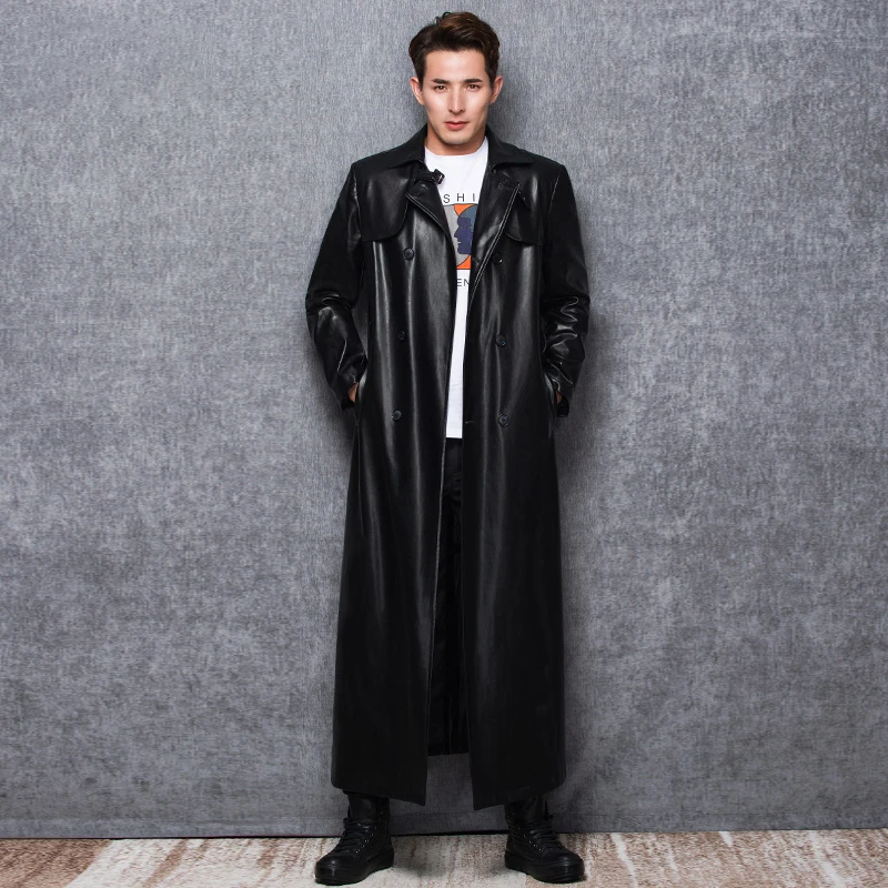 

Lautaro Long black leather trench coat men long sleeve double breasted spring autumn plus size pu leather mens clothing 6xl 7xl